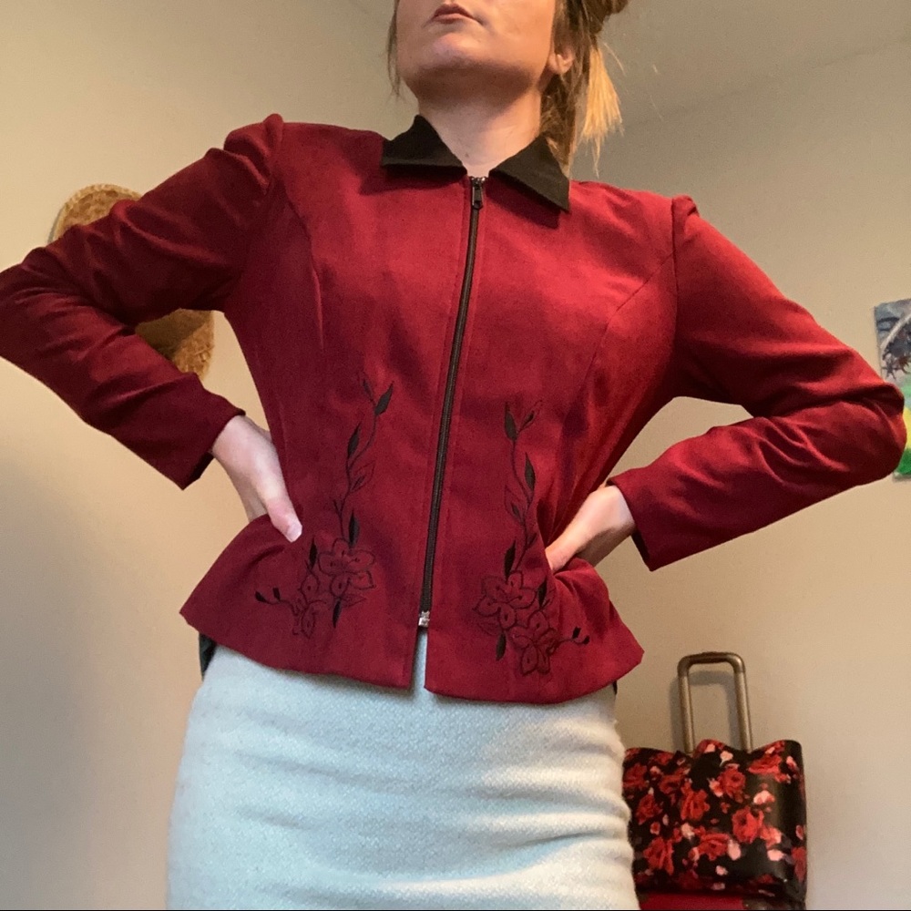 90’s Courtenay Designer Red Blouse or Blazer with Dramatic Black Artistic Floral